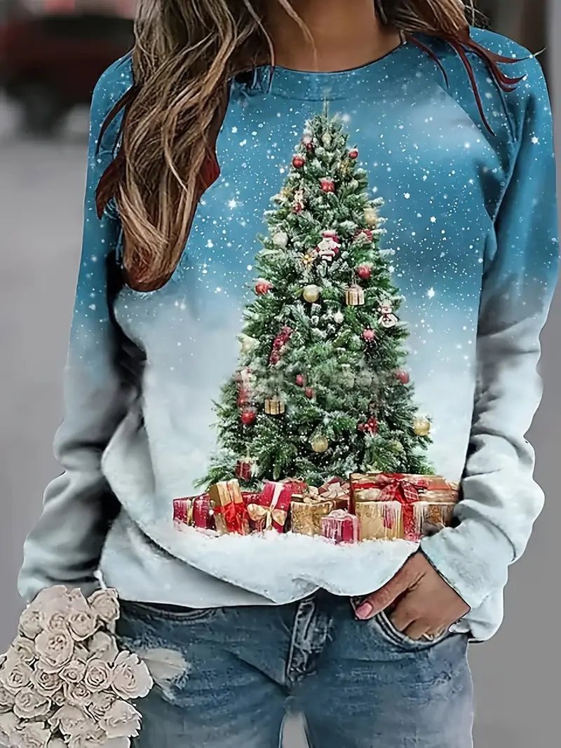 Womens Christmas Tree Print Sweater Festive Holiday Knit - Nalani - UK Fashion Clothing and Decor