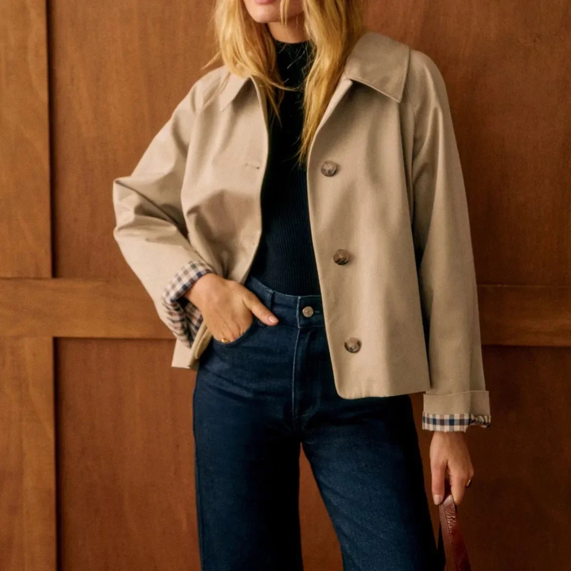 Women's Classic Trench Coat Cotton Jacket With Check Pattern - Nalani - Fashion Clothing and Decor