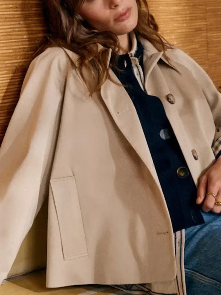 Women's Classic Trench Coat Cotton Jacket With Check Pattern - Nalani - Fashion Clothing and Decor