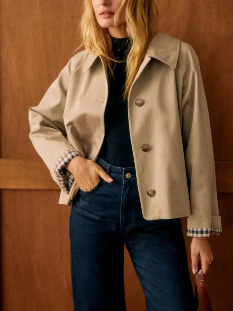 Women's Classic Trench Coat Cotton Jacket With Check Pattern - Nalani - Fashion Clothing and Decor