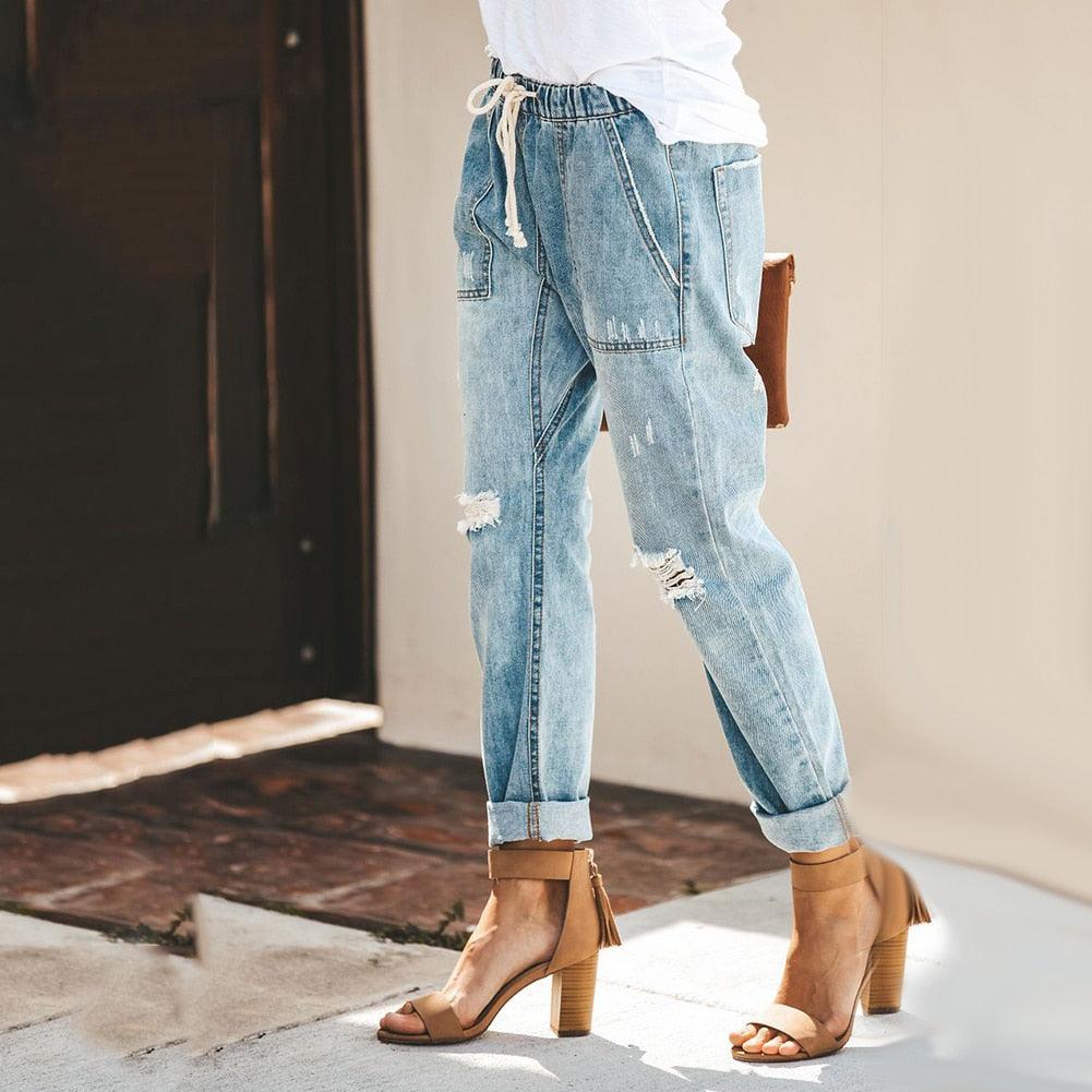 Women's Denim Jogger Trousers - Relaxed Fit - Elastic Waist - Distressed Casual Style - Nalani - UK Fashion Clothing and Decor