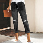 Women's Denim Jogger Trousers - Relaxed Fit - Elastic Waist - Distressed Casual Style - Nalani - UK Fashion Clothing and Decor