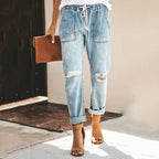 Women's Denim Jogger Trousers - Relaxed Fit - Elastic Waist - Distressed Casual Style - Nalani - UK Fashion Clothing and Decor