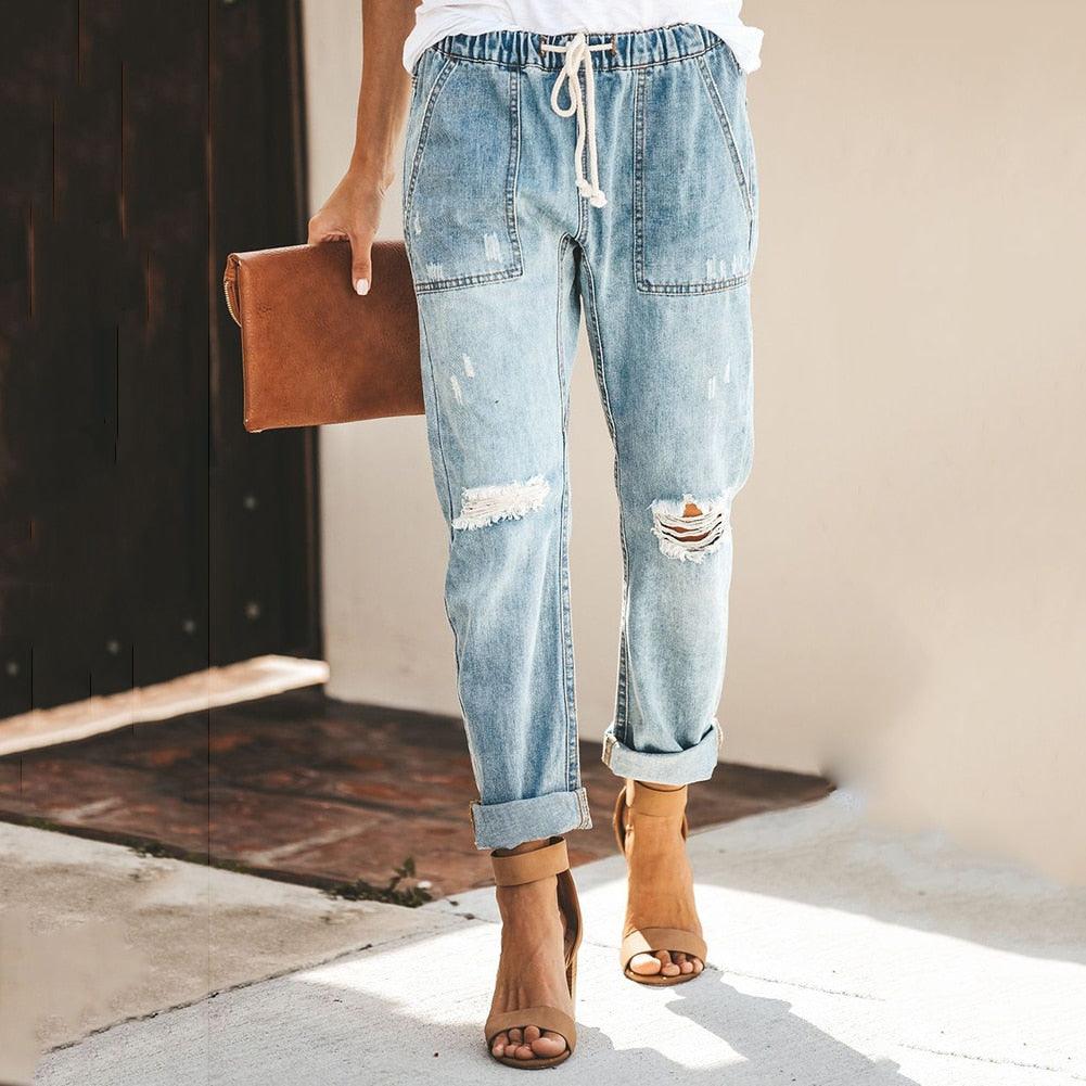 Women's Denim Jogger Trousers - Relaxed Fit - Elastic Waist - Distressed Casual Style - Nalani - UK Fashion Clothing and Decor