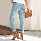 Women's Denim Jogger Trousers - Relaxed Fit - Elastic Waist - Distressed Casual Style - Nalani - UK Fashion Clothing and Decor