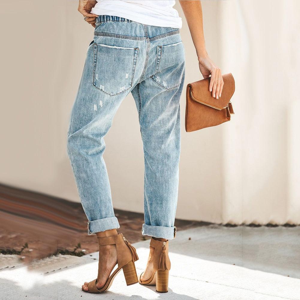Women's Denim Jogger Trousers - Relaxed Fit - Elastic Waist - Distressed Casual Style - Nalani - UK Fashion Clothing and Decor