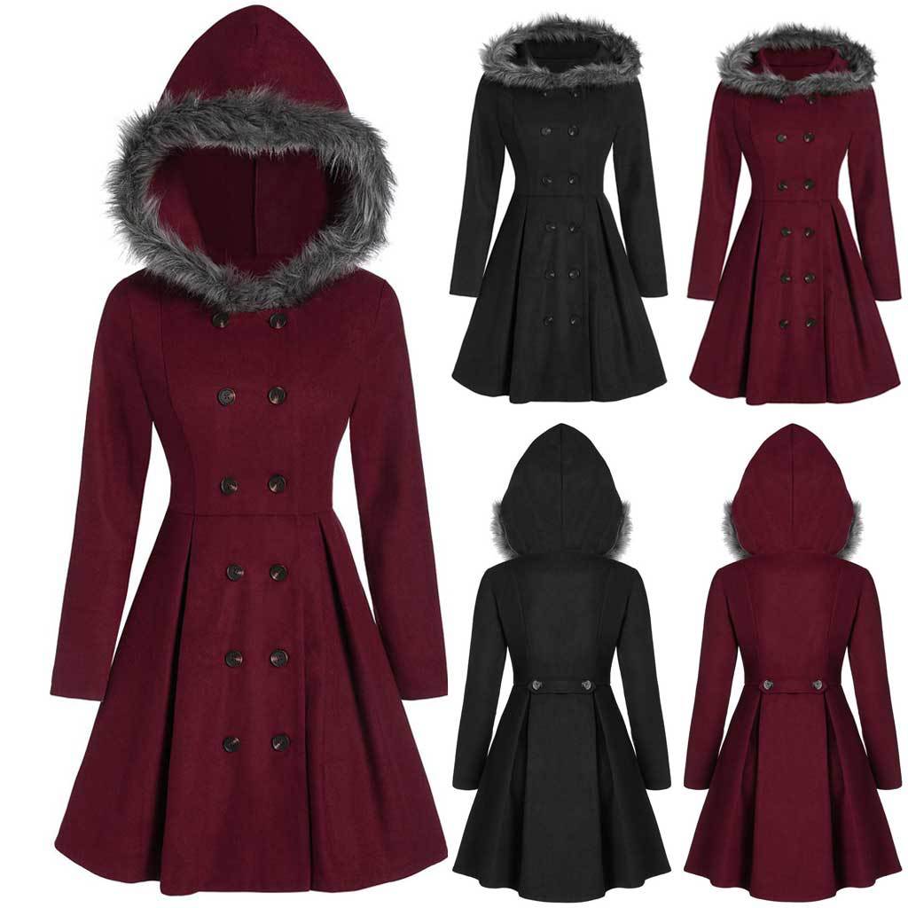 Women's double - breasted coat with fur hood - Nalani - UK Fashion Clothing and Decor