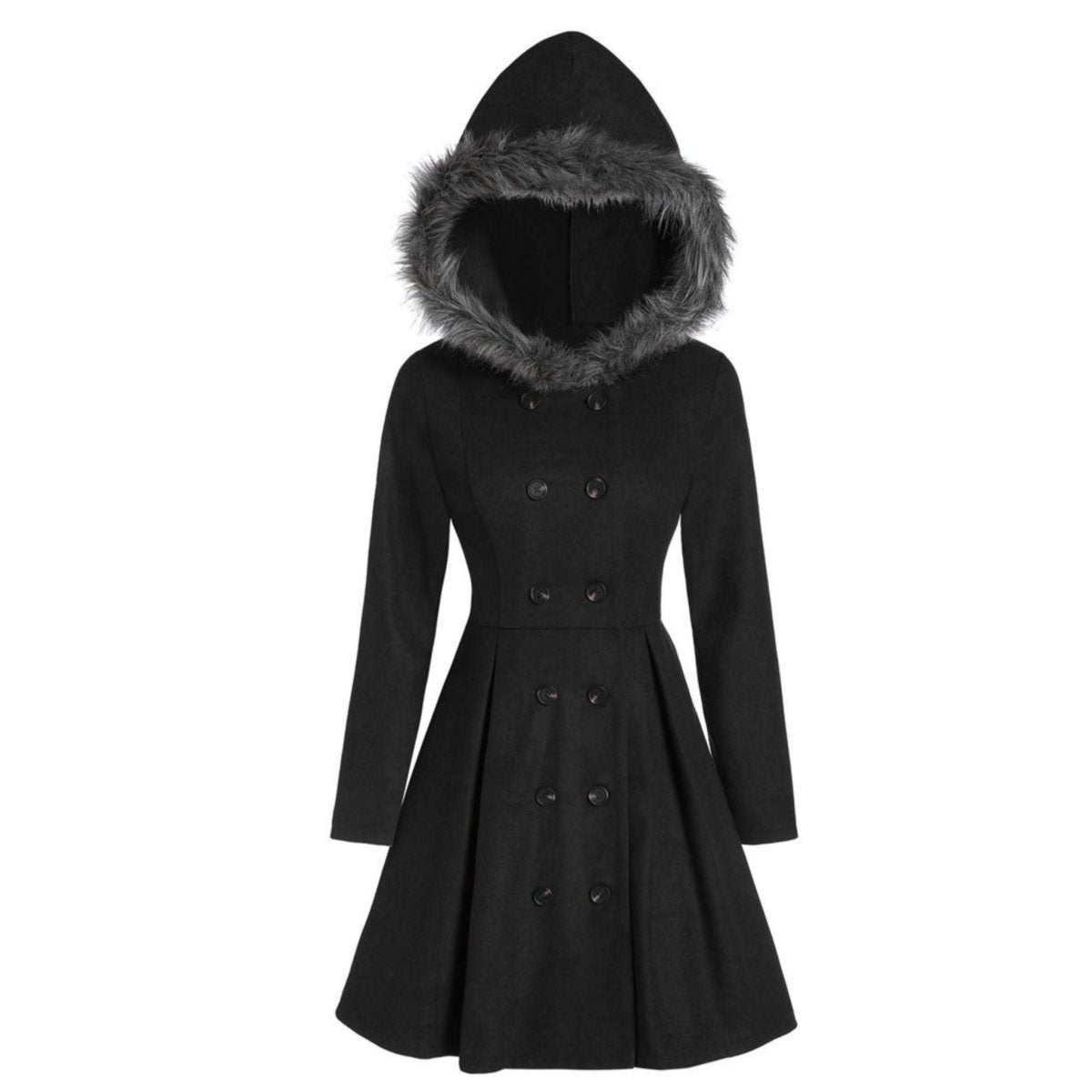 Women's double - breasted coat with fur hood - Nalani - UK Fashion Clothing and Decor