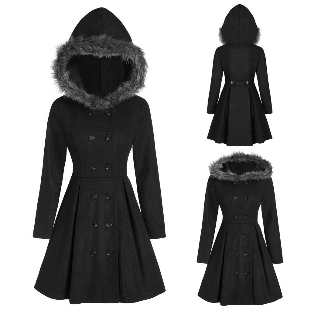 Women's double - breasted coat with fur hood - Nalani - UK Fashion Clothing and Decor