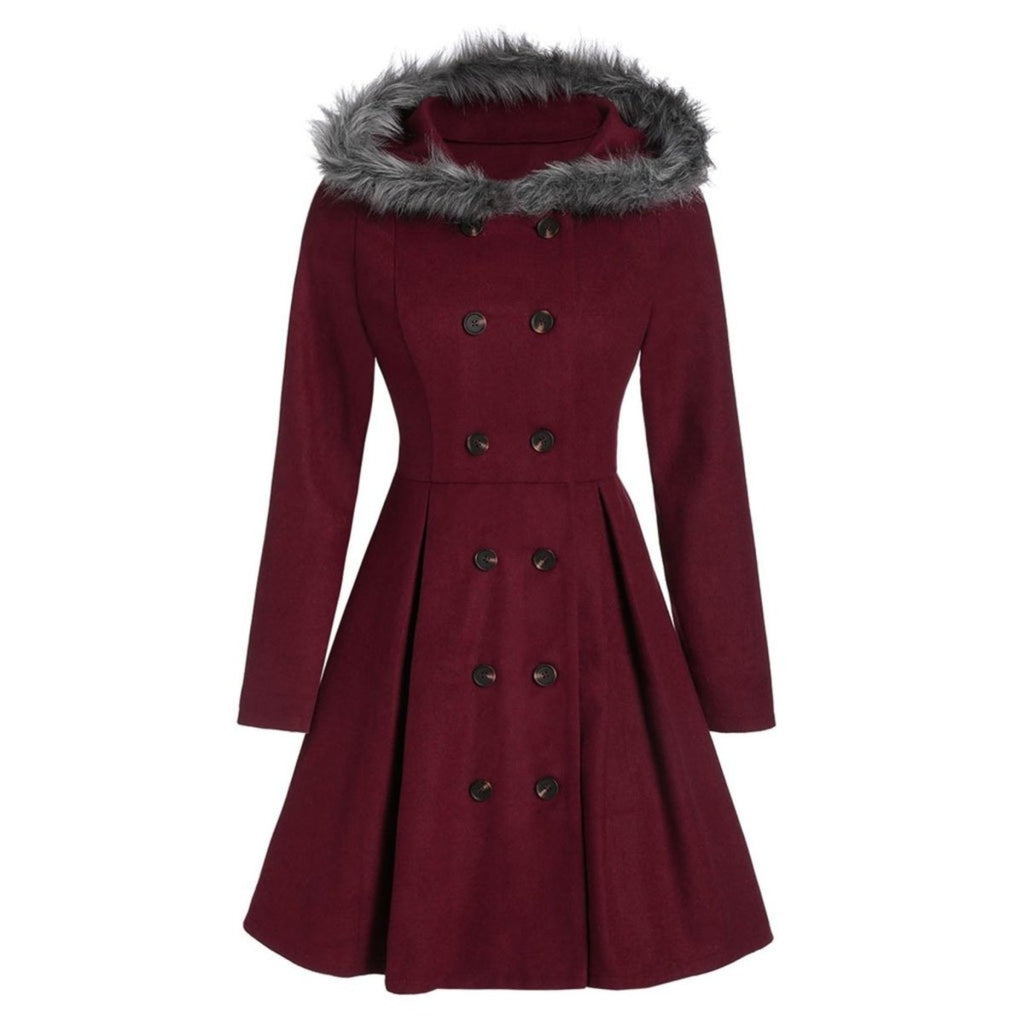 Women's double - breasted coat with fur hood - Nalani - UK Fashion Clothing and Decor