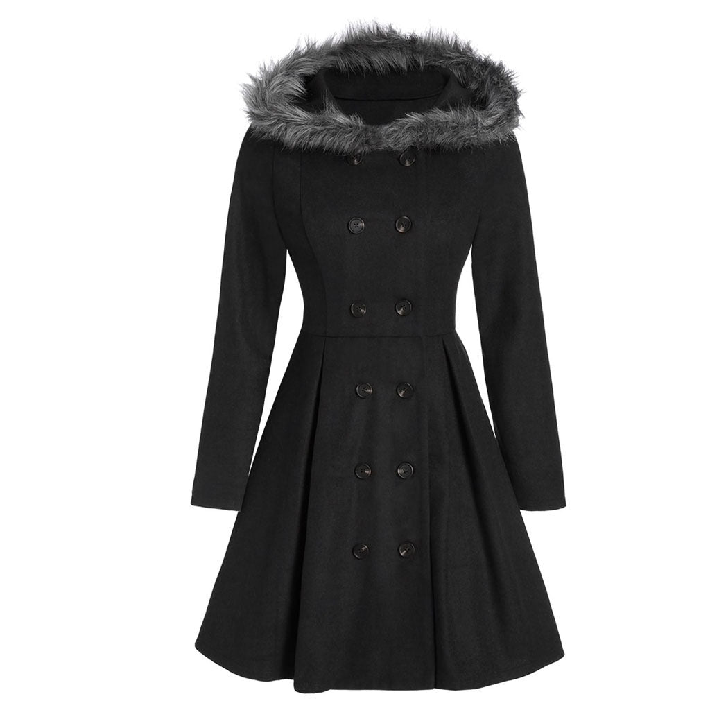 Women's double - breasted coat with fur hood - Nalani - UK Fashion Clothing and Decor