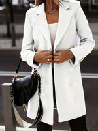 Women's Double - Breasted Wool Coat - Tailored Fit - Gold Button Detail - Mid - Thigh Length - Nalani - UK Fashion Clothing and Decor