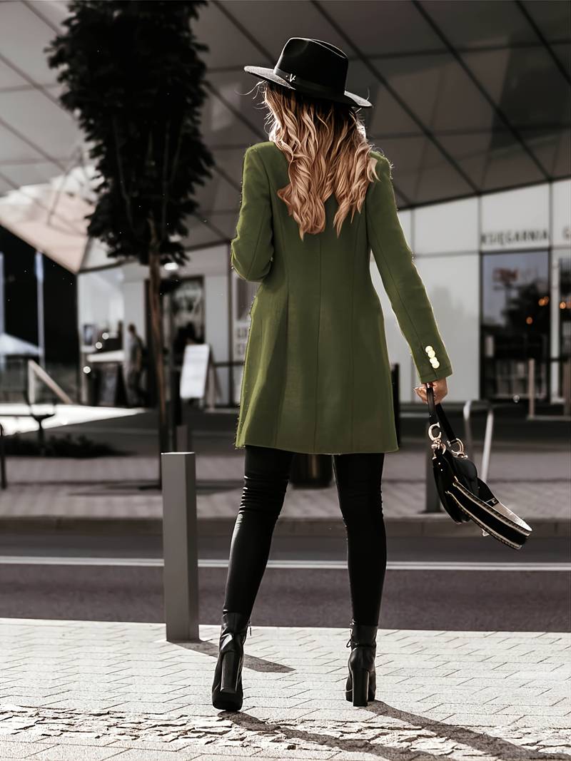 Women's Double - Breasted Wool Coat - Tailored Fit - Gold Button Detail - Mid - Thigh Length - Nalani - UK Fashion Clothing and Decor