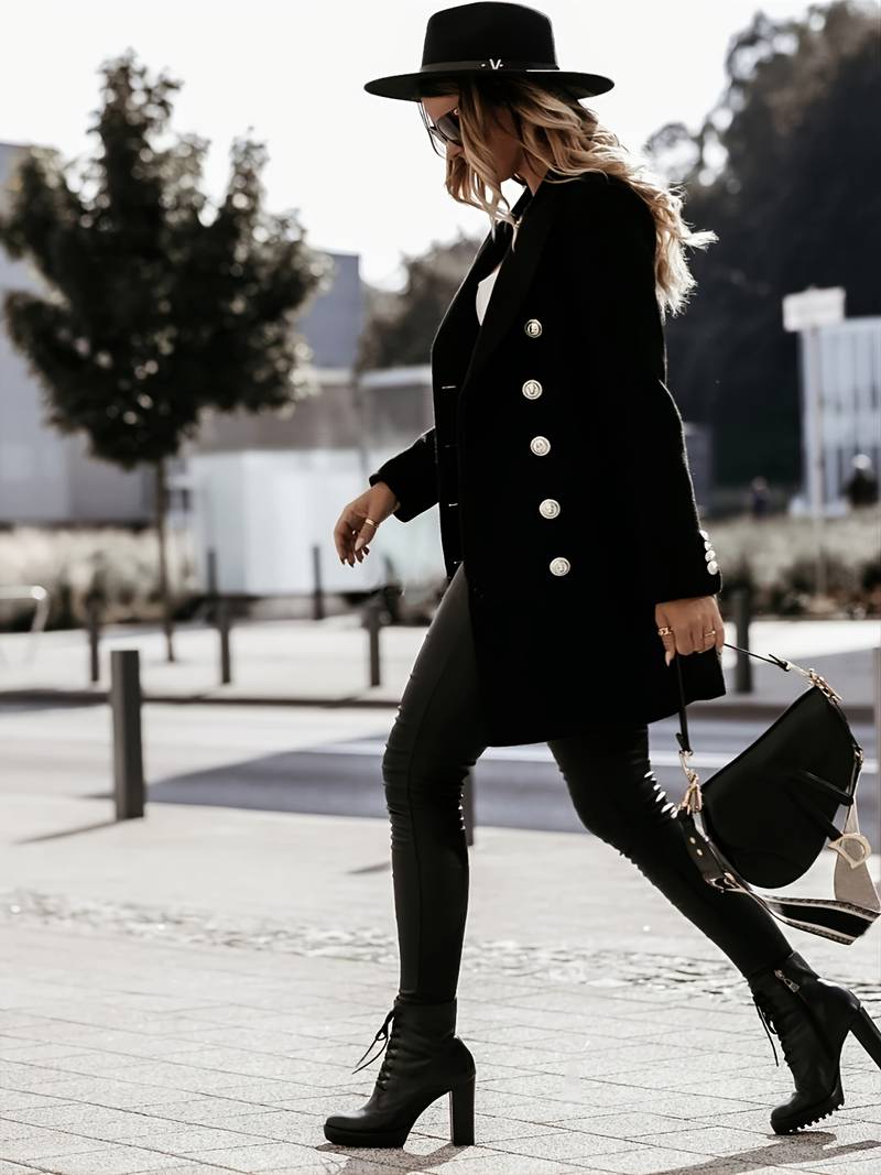 Women's Double - Breasted Wool Coat - Tailored Fit - Gold Button Detail - Mid - Thigh Length - Nalani - UK Fashion Clothing and Decor