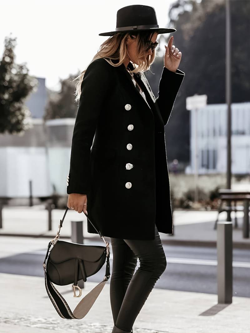 Women's Double - Breasted Wool Coat - Tailored Fit - Gold Button Detail - Mid - Thigh Length - Nalani - UK Fashion Clothing and Decor
