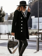 Women's Double - Breasted Wool Coat - Tailored Fit - Gold Button Detail - Mid - Thigh Length - Nalani - UK Fashion Clothing and Decor