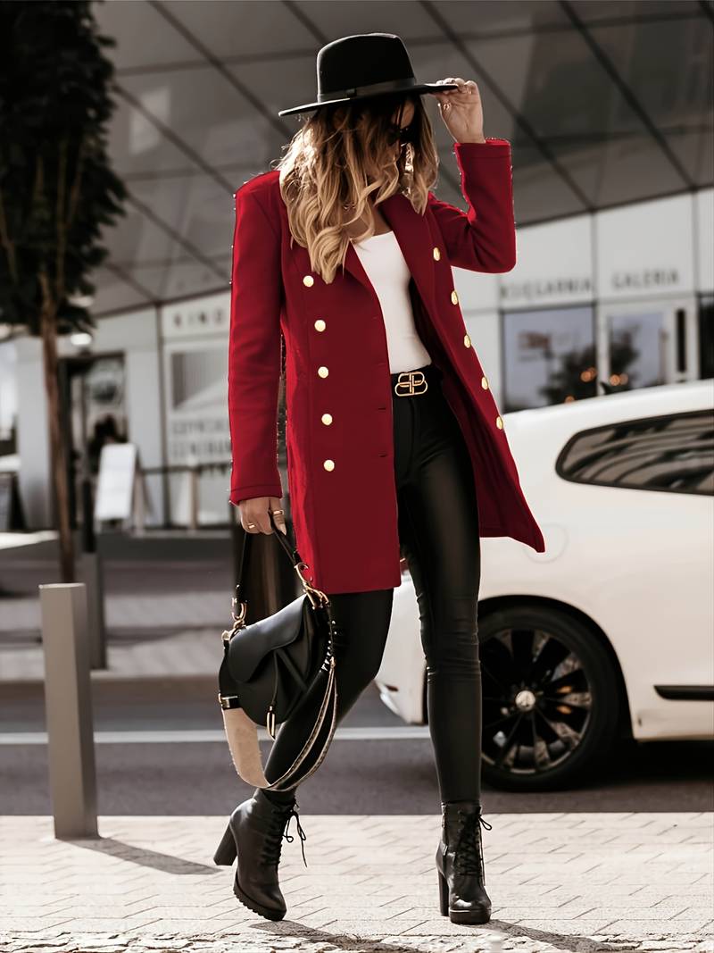 Women's Double - Breasted Wool Coat - Tailored Fit - Gold Button Detail - Mid - Thigh Length - Nalani - UK Fashion Clothing and Decor