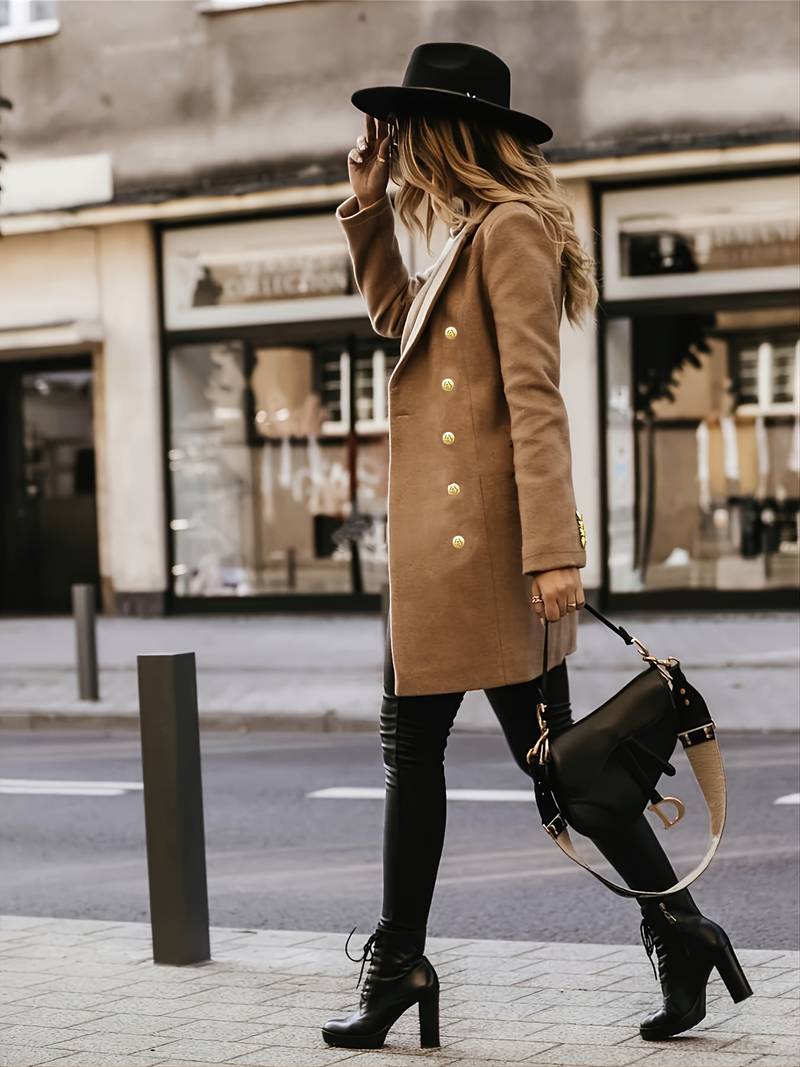 Women's Double - Breasted Wool Coat - Tailored Fit - Gold Button Detail - Mid - Thigh Length - Nalani - UK Fashion Clothing and Decor