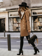 Women's Double - Breasted Wool Coat - Tailored Fit - Gold Button Detail - Mid - Thigh Length - Nalani - UK Fashion Clothing and Decor