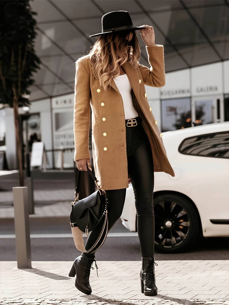 Women's Double - Breasted Wool Coat - Tailored Fit - Gold Button Detail - Mid - Thigh Length - Nalani - UK Fashion Clothing and Decor