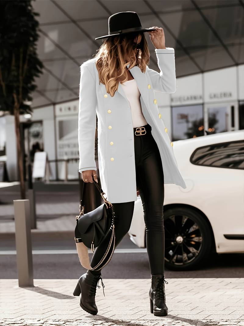 Women's Double - Breasted Wool Coat - Tailored Fit - Gold Button Detail - Mid - Thigh Length - Nalani - UK Fashion Clothing and Decor