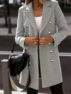 Women's Double - Breasted Wool Coat - Tailored Fit - Gold Button Detail - Mid - Thigh Length - Nalani - UK Fashion Clothing and Decor