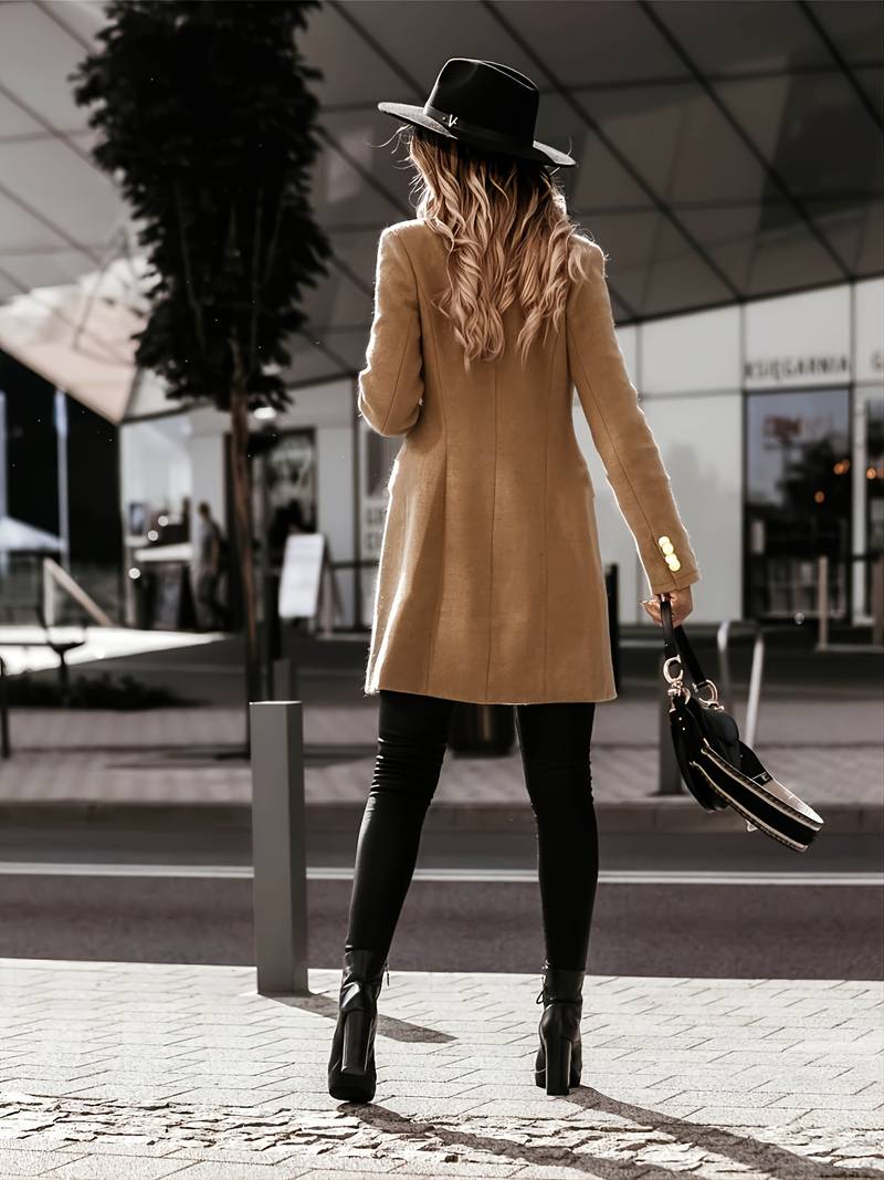 Women's Double - Breasted Wool Coat - Tailored Fit - Gold Button Detail - Mid - Thigh Length - Nalani - UK Fashion Clothing and Decor