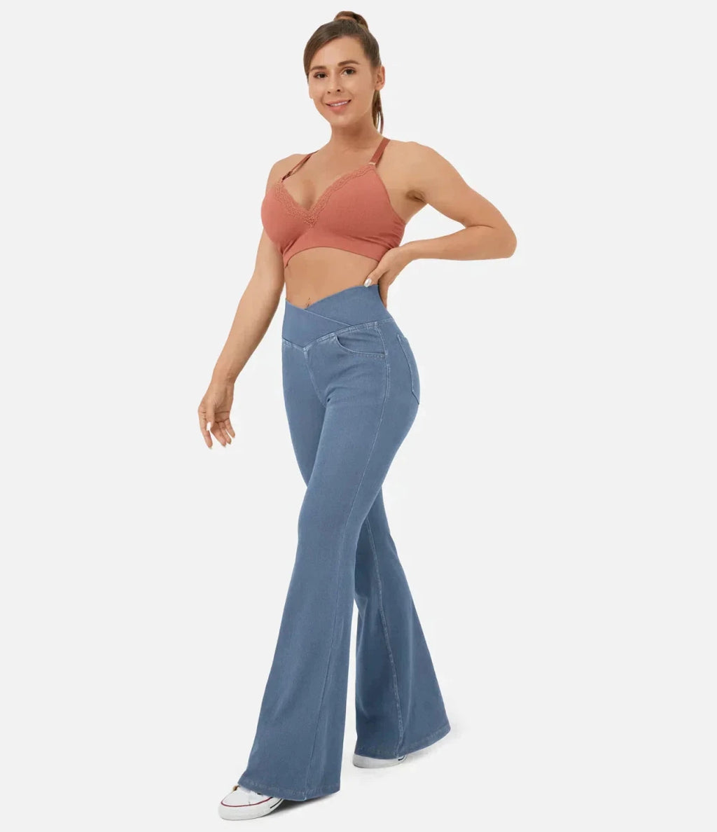Women's elasticated Wide leg flared jeans with high waist - Nalani - UK Fashion Clothing and Decor