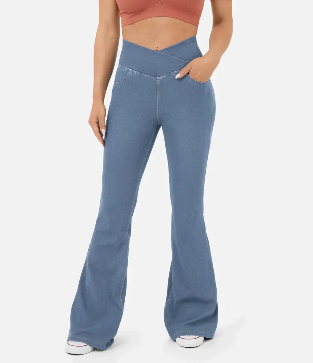 Women's elasticated Wide leg flared jeans with high waist - Nalani - UK Fashion Clothing and Decor