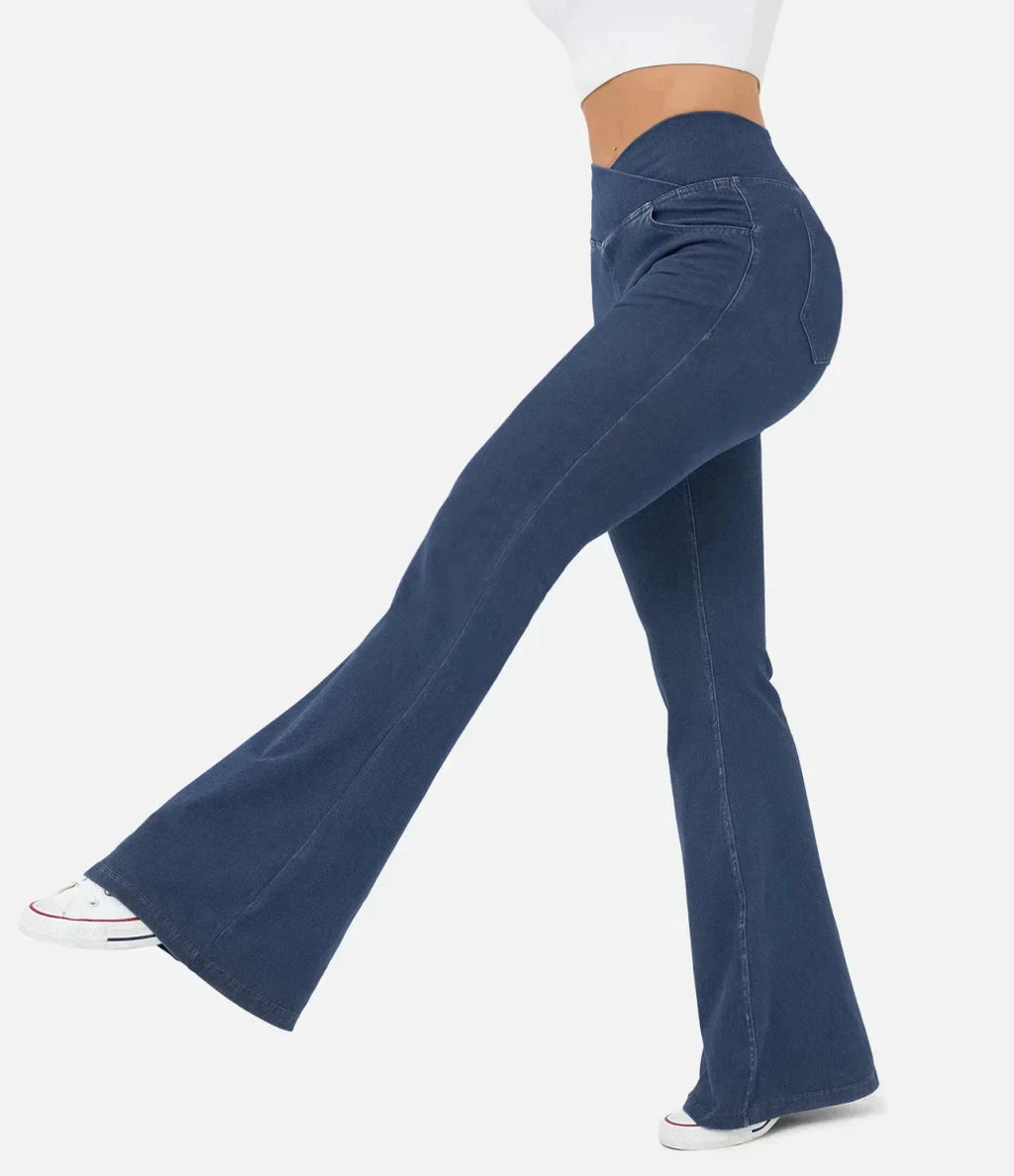 Women's elasticated Wide leg flared jeans with high waist - Nalani - UK Fashion Clothing and Decor