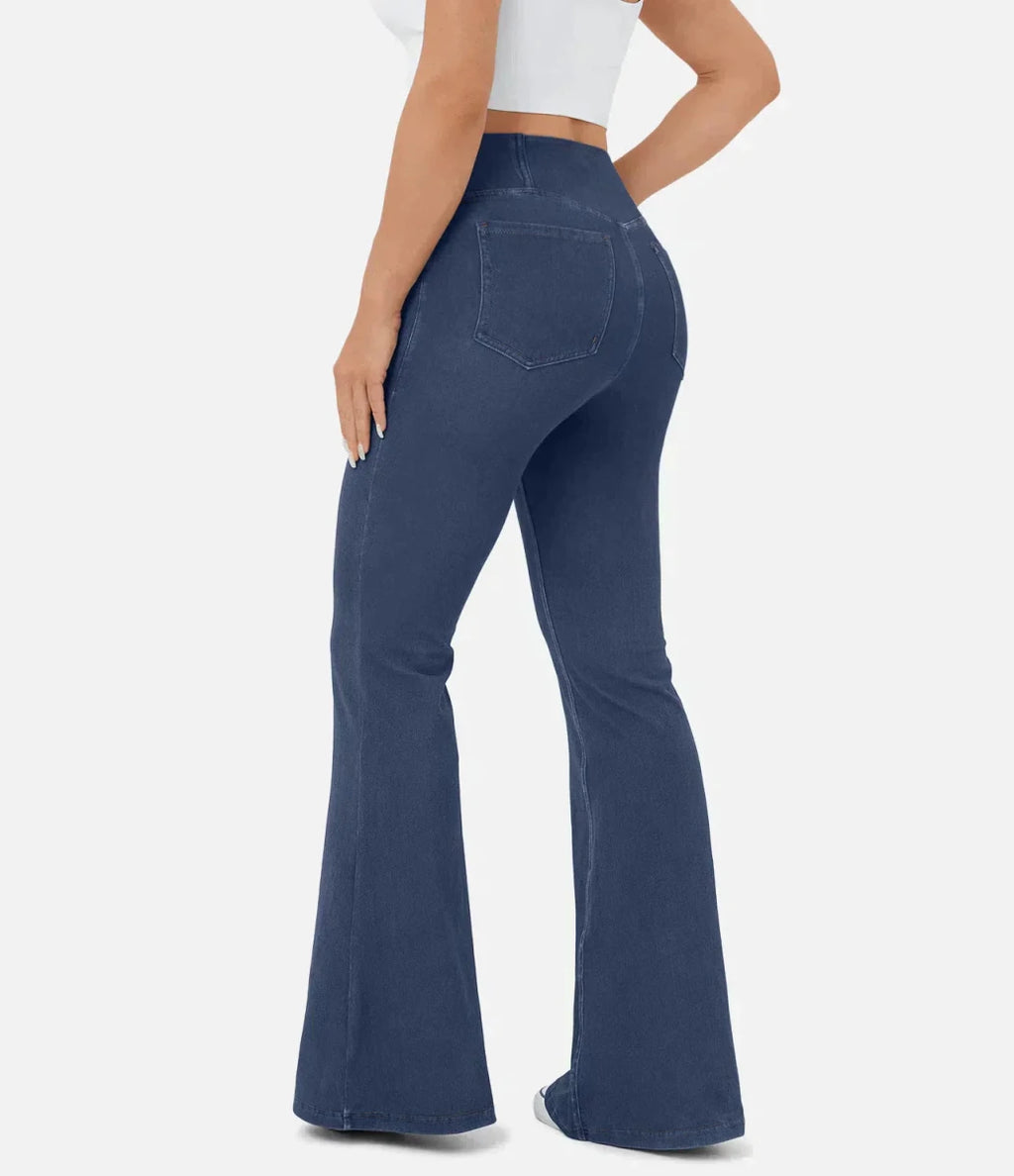 Women's elasticated Wide leg flared jeans with high waist - Nalani - UK Fashion Clothing and Decor