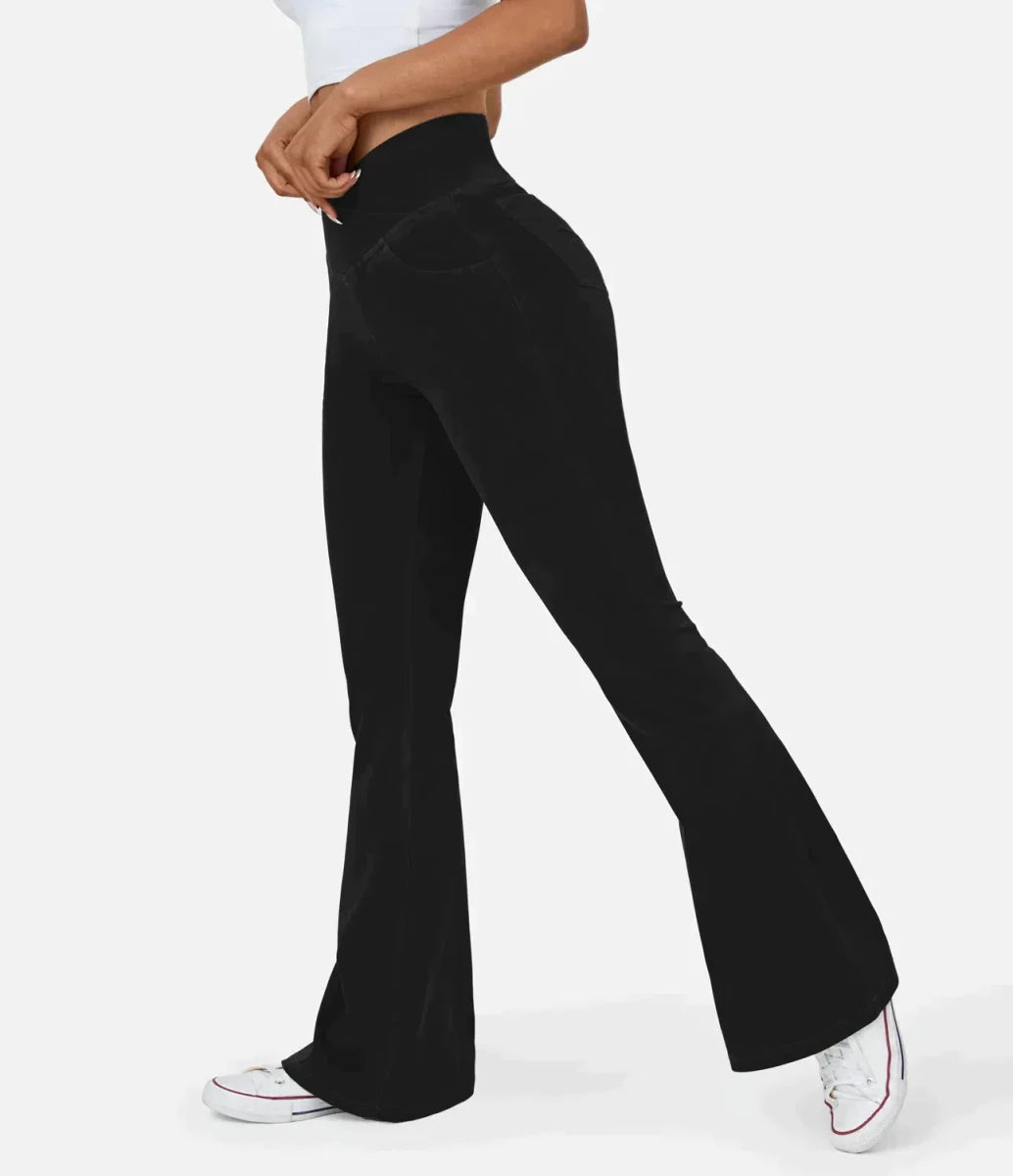 Women's elasticated Wide leg flared jeans with high waist - Nalani - UK Fashion Clothing and Decor