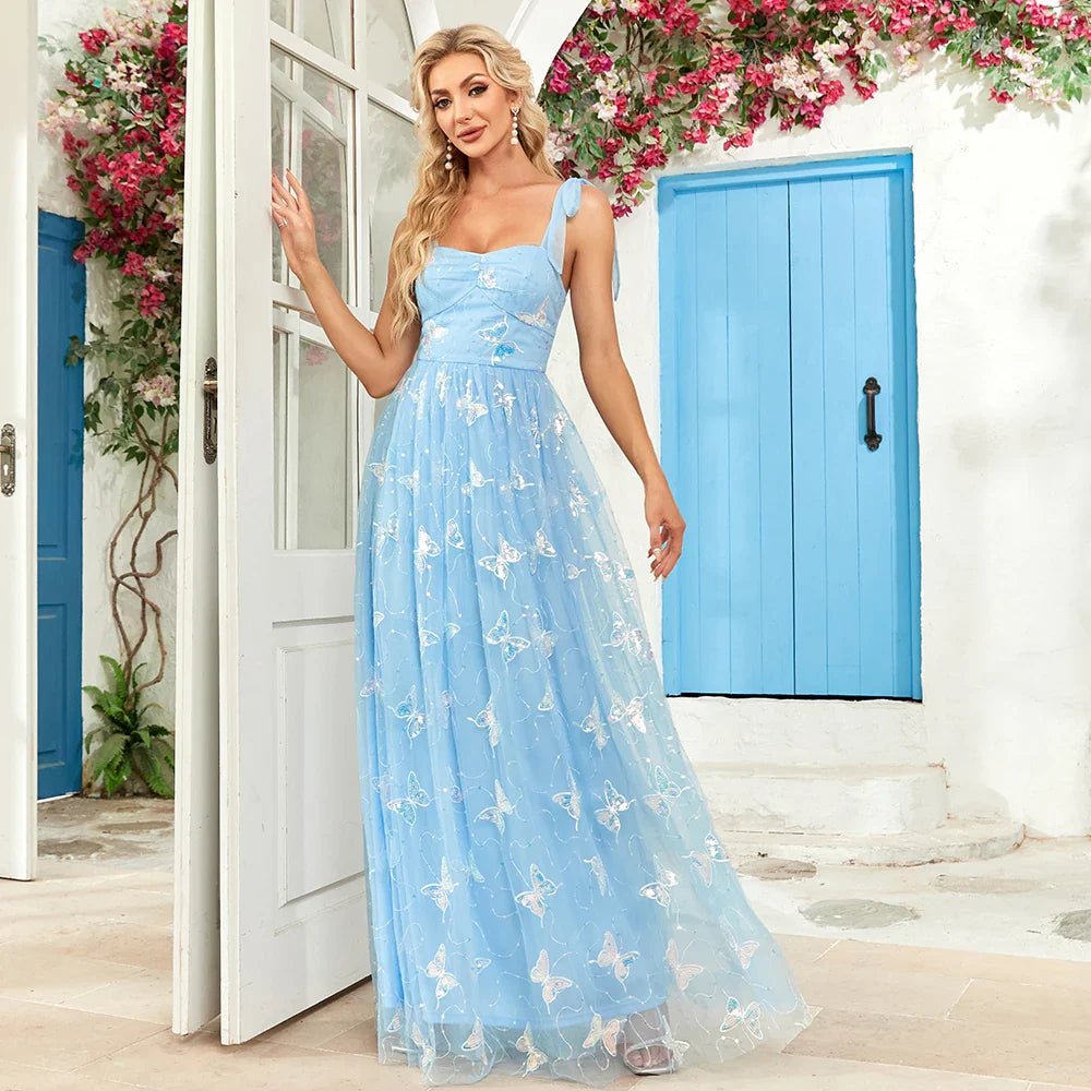 Women's Evening Cocktail Prom Dress - A - Line Silhouette - Butterfly Embroidery - Spaghetti Straps - Nalani - UK Fashion Clothing and Decor
