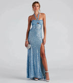 Women's Evening Prom Dress - Sequin Halter Neck - Cut - Out Bodice - High Slit Floor - Length - Nalani - UK Fashion Clothing and Decor