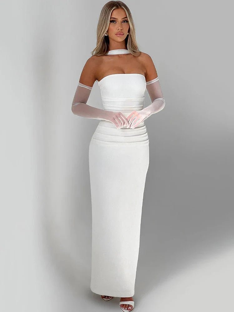 Women's Evening Prom Dress - Strapless Floor - Length - Column Silhouette - Halter Scarf Detail - Nalani - UK Fashion Clothing and Decor