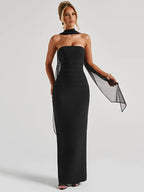 Women's Evening Prom Dress - Strapless Floor - Length - Column Silhouette - Halter Scarf Detail - Nalani - UK Fashion Clothing and Decor