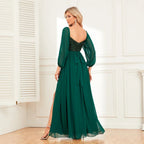 Women’s Evening Prom Gown - Off Shoulder - Sequin Bodice - Long Sleeve - High Slit Elegant Dress - Nalani - UK Fashion Clothing and Decor