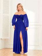 Women’s Evening Prom Gown - Off Shoulder - Sequin Bodice - Long Sleeve - High Slit Elegant Dress - Nalani - UK Fashion Clothing and Decor