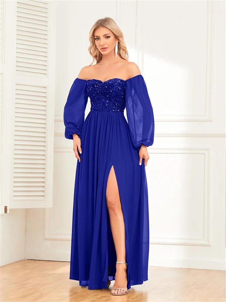 Women’s Evening Prom Gown - Off Shoulder - Sequin Bodice - Long Sleeve - High Slit Elegant Dress - Nalani - UK Fashion Clothing and Decor
