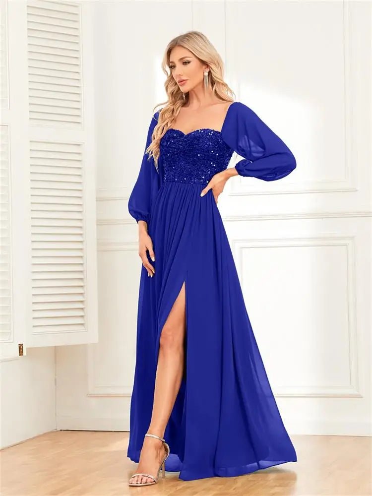 Women’s Evening Prom Gown - Off Shoulder - Sequin Bodice - Long Sleeve - High Slit Elegant Dress - Nalani - UK Fashion Clothing and Decor