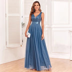 Women's Evening Prom Gown - Sleeveless V - Neck - Embroidered Bodice - Flowing Floor - Length Skirt - Nalani - UK Fashion Clothing and Decor