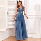 Women's Evening Prom Gown - Sleeveless V - Neck - Embroidered Bodice - Flowing Floor - Length Skirt - Nalani - UK Fashion Clothing and Decor