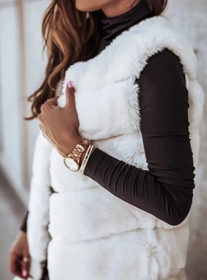 Women's Faux Fur Vest - Long Sleeveless - Open Front Lightweight Layer - Nalani - UK Fashion Clothing and Decor