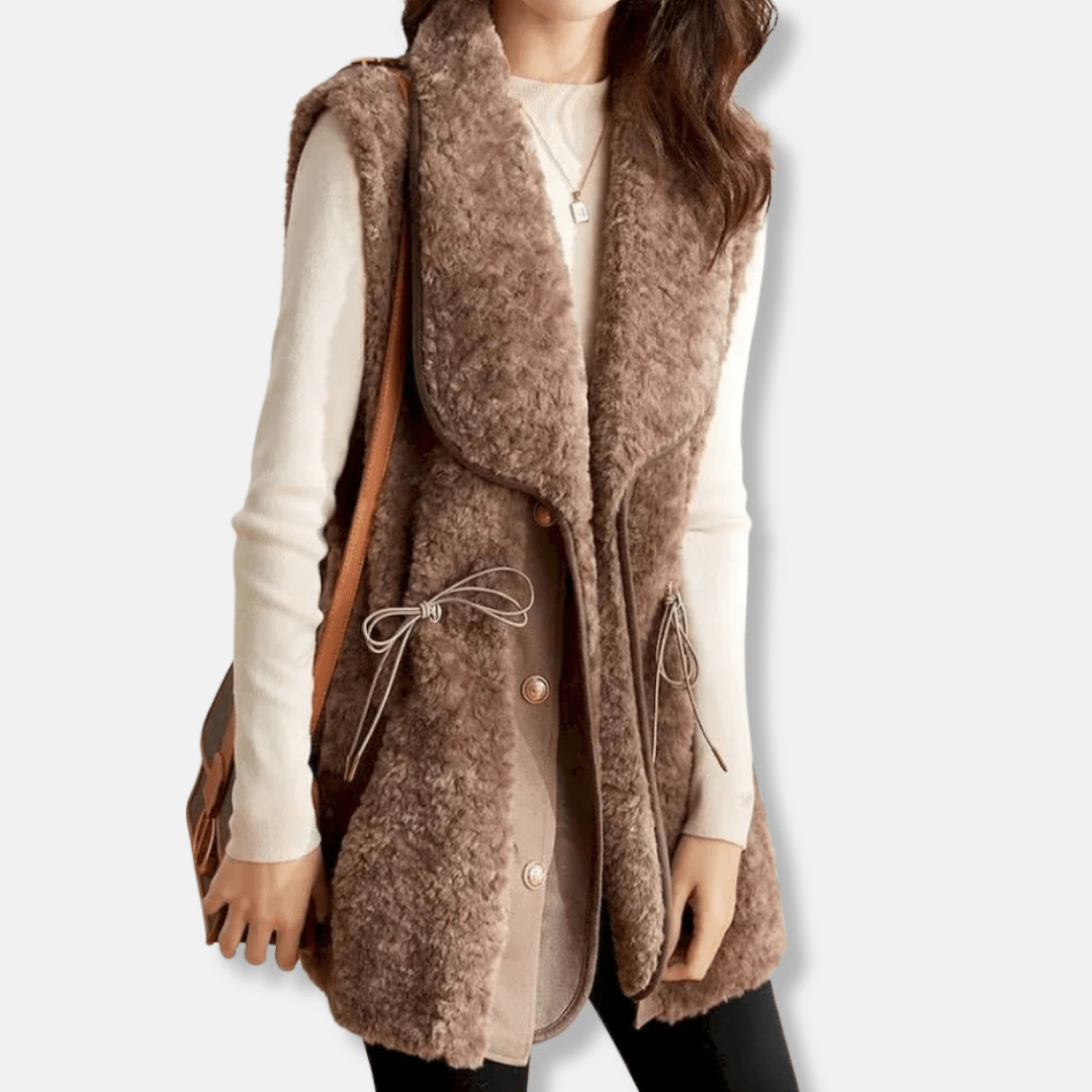 Womens Faux Wool Vest With Shawl Collar Relaxed Fit Hip Length - Nalani - UK Fashion Clothing and Decor