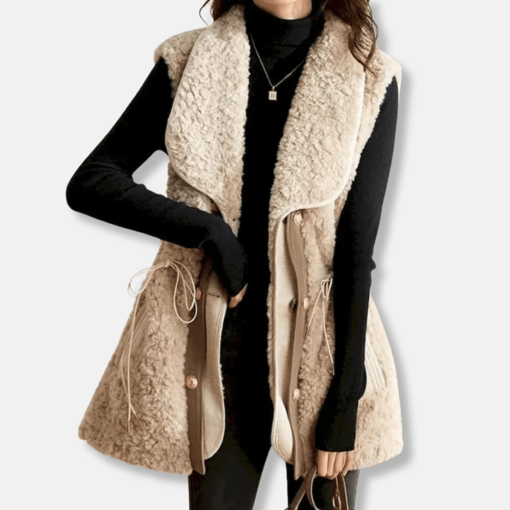 Womens Faux Wool Vest With Shawl Collar Relaxed Fit Hip Length - Nalani - UK Fashion Clothing and Decor