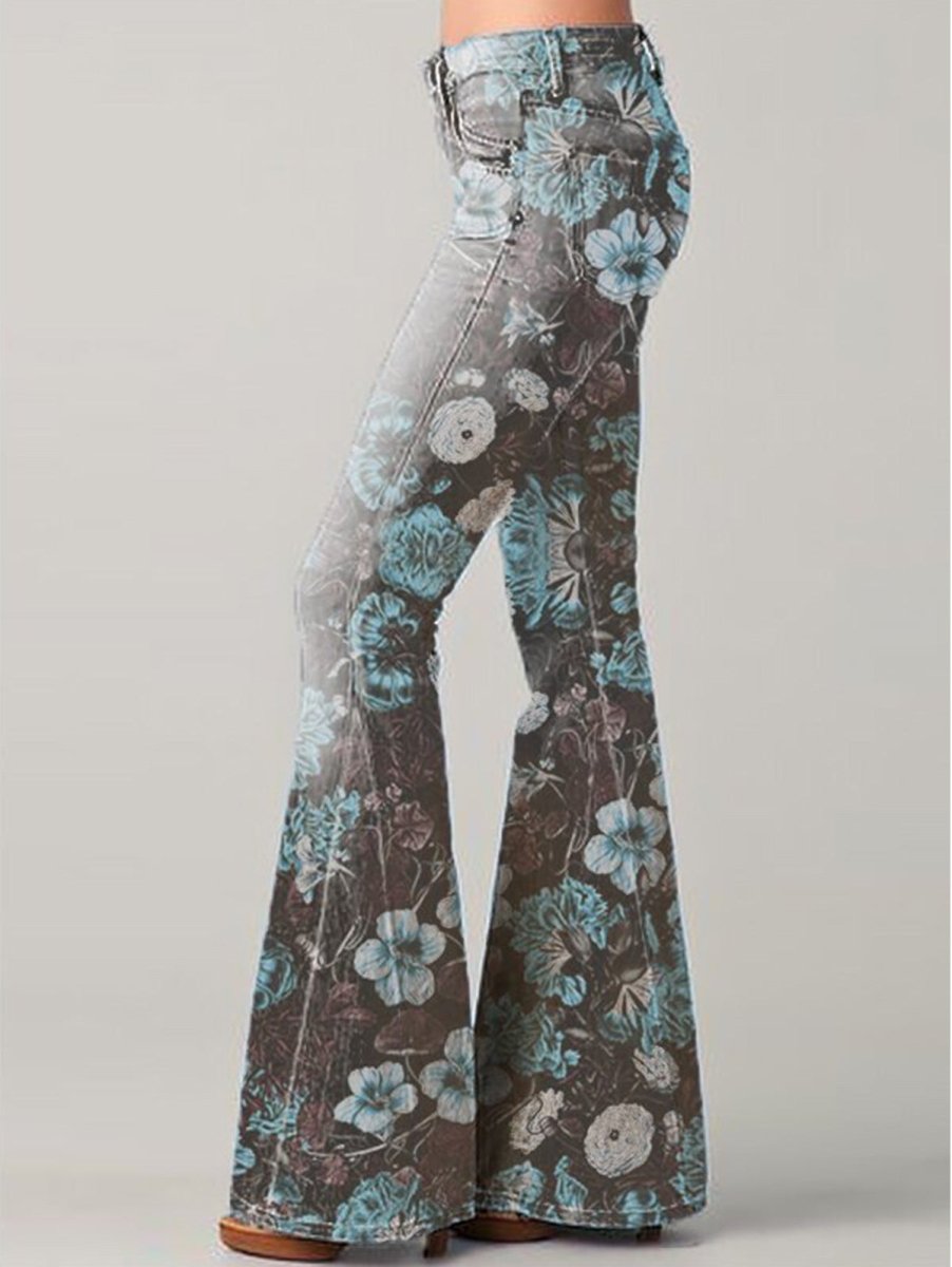 Women’s Flare Jeans – High Waist – Embroidered Patchwork – Retro Boho Style – Full Length - Nalani - UK Fashion Clothing and Decor