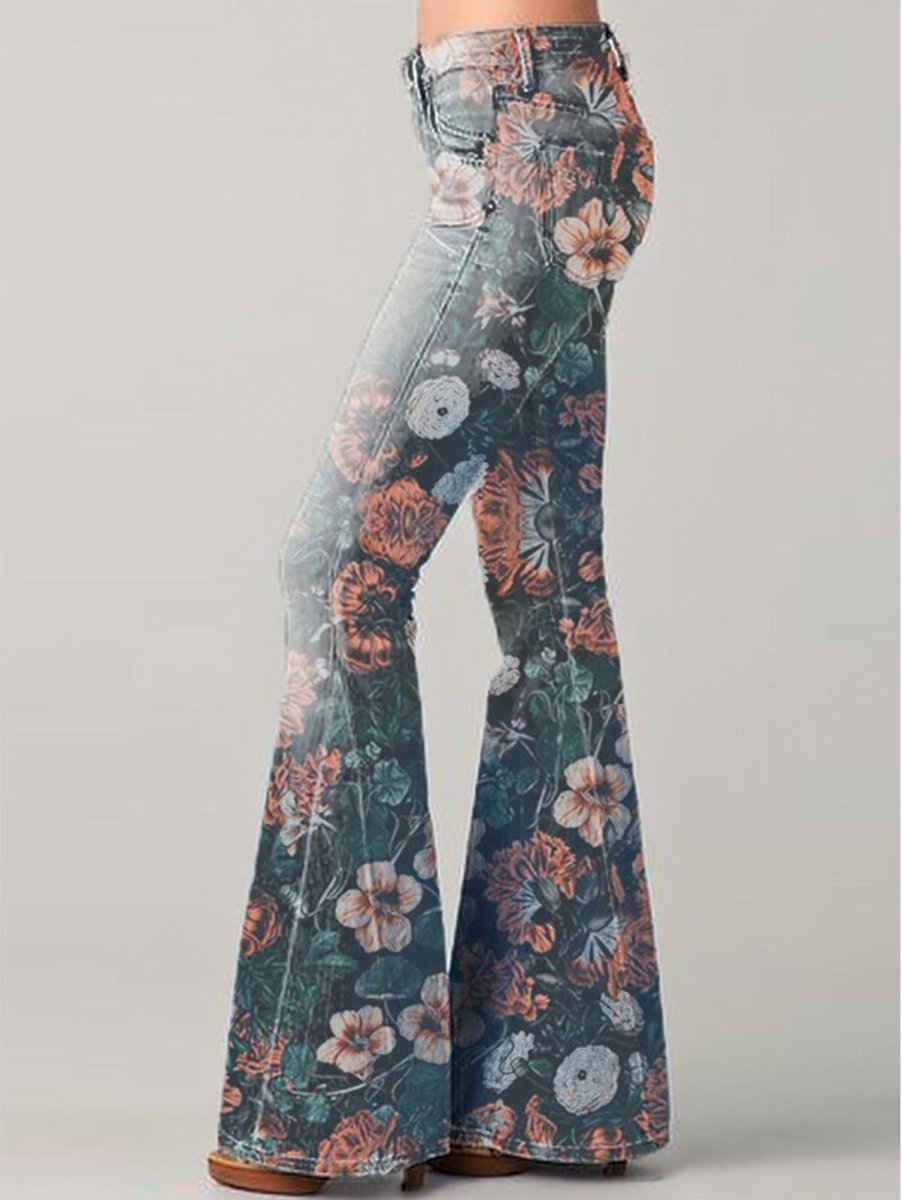 Women’s Flare Jeans – High Waist – Embroidered Patchwork – Retro Boho Style – Full Length - Nalani - UK Fashion Clothing and Decor