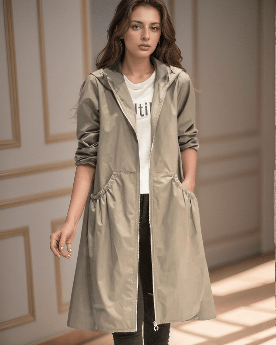 Women’s Hooded Jacket – Waterproof Lightweight – Relaxed Fit – Knee Length – Zip Closure - Nalani - UK Fashion Clothing and Decor