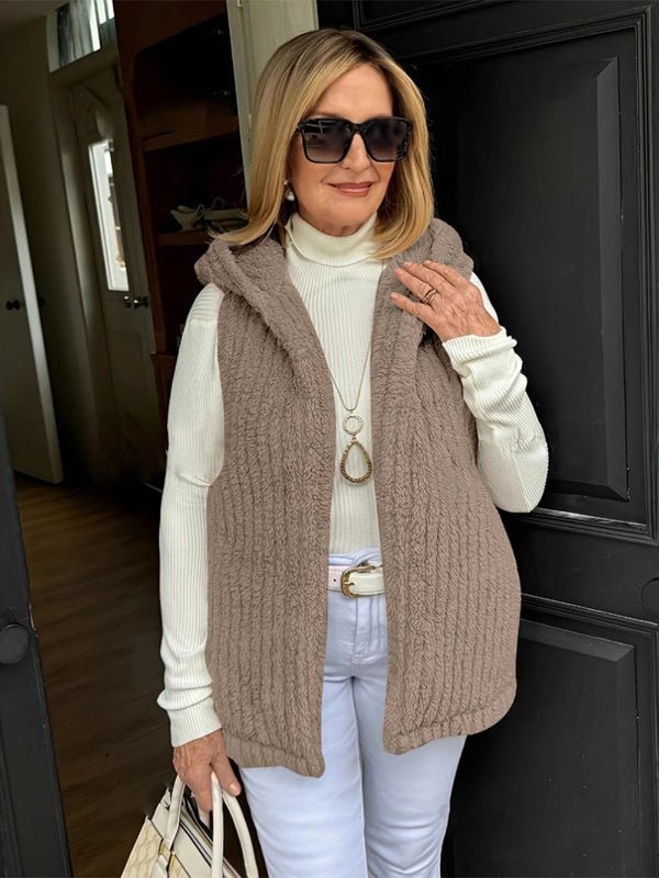 Womens Hooded Vest Fuzzy Plush Relaxed Fit Sleeveless Open Front - Nalani - UK Fashion Clothing and Decor
