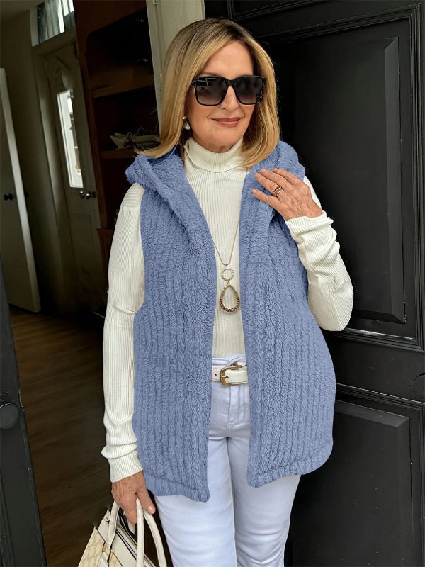 Womens Hooded Vest Fuzzy Plush Relaxed Fit Sleeveless Open Front - Nalani - UK Fashion Clothing and Decor